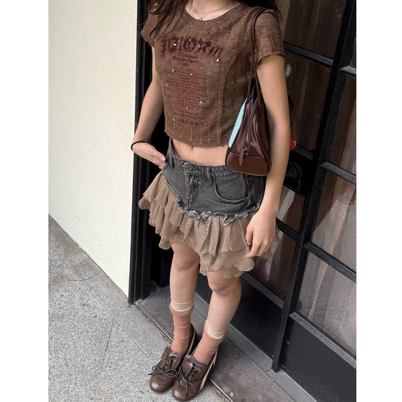 Chiffon ruffle denim mini skirt D0194