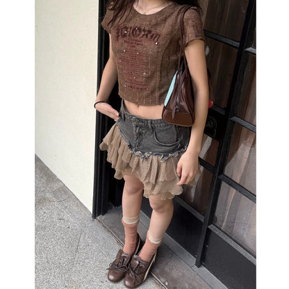 Chiffon ruffle denim mini skirt D0194
