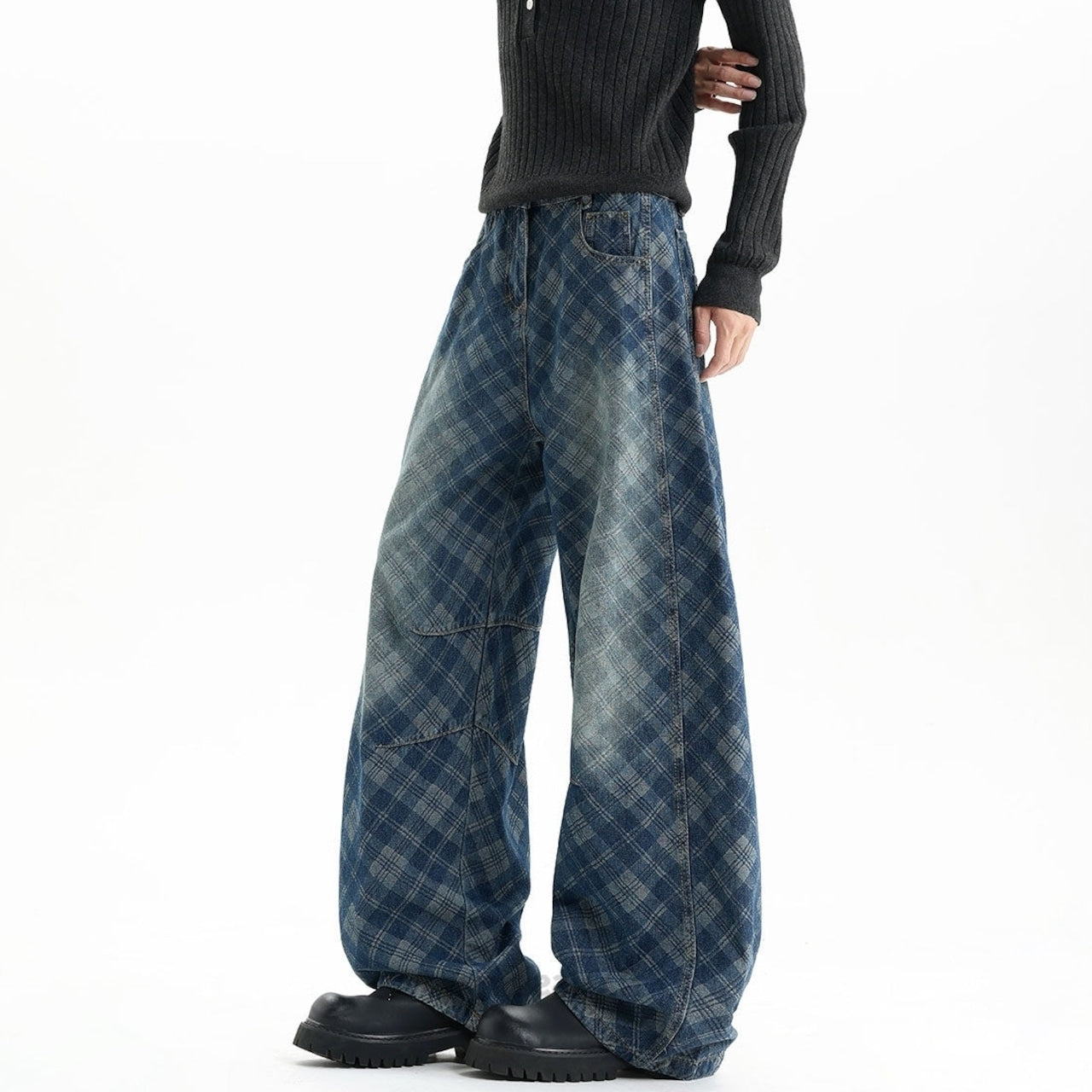 Plaid curved denim jeans D0187