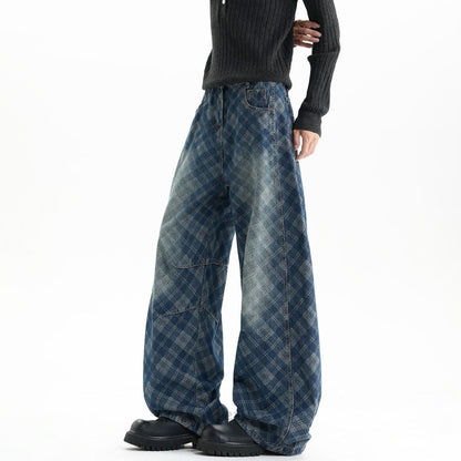 Plaid curved denim jeans D0187