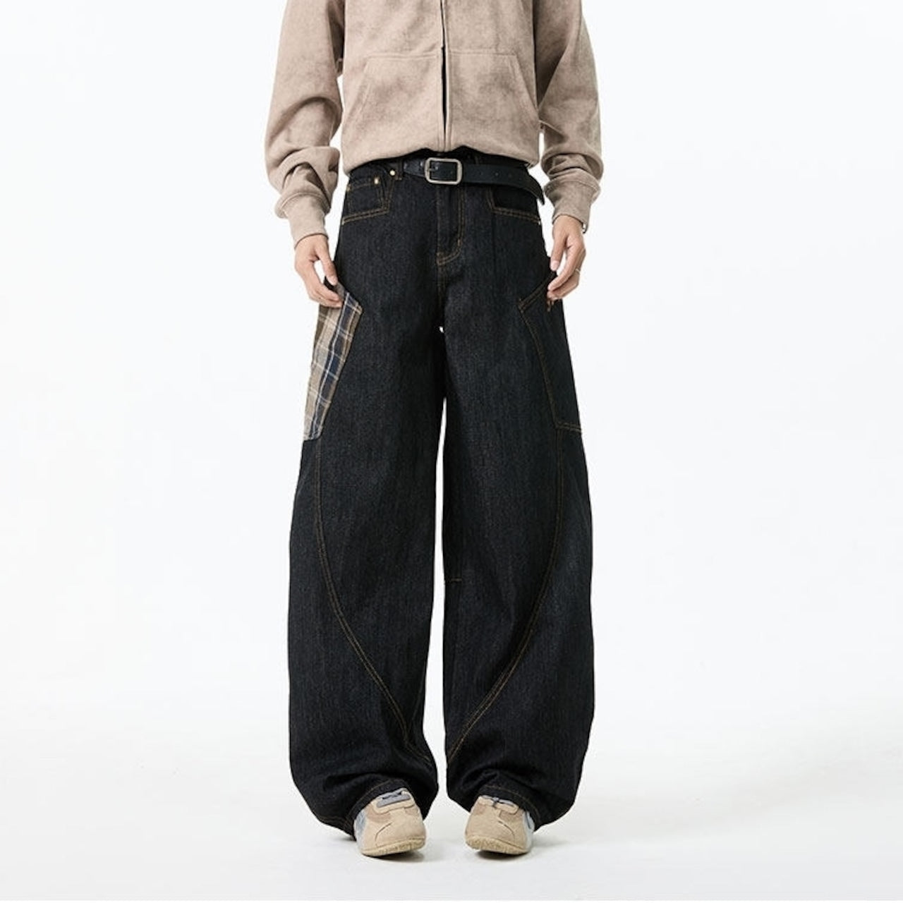 Plaid big pocket denim jeans D0188
