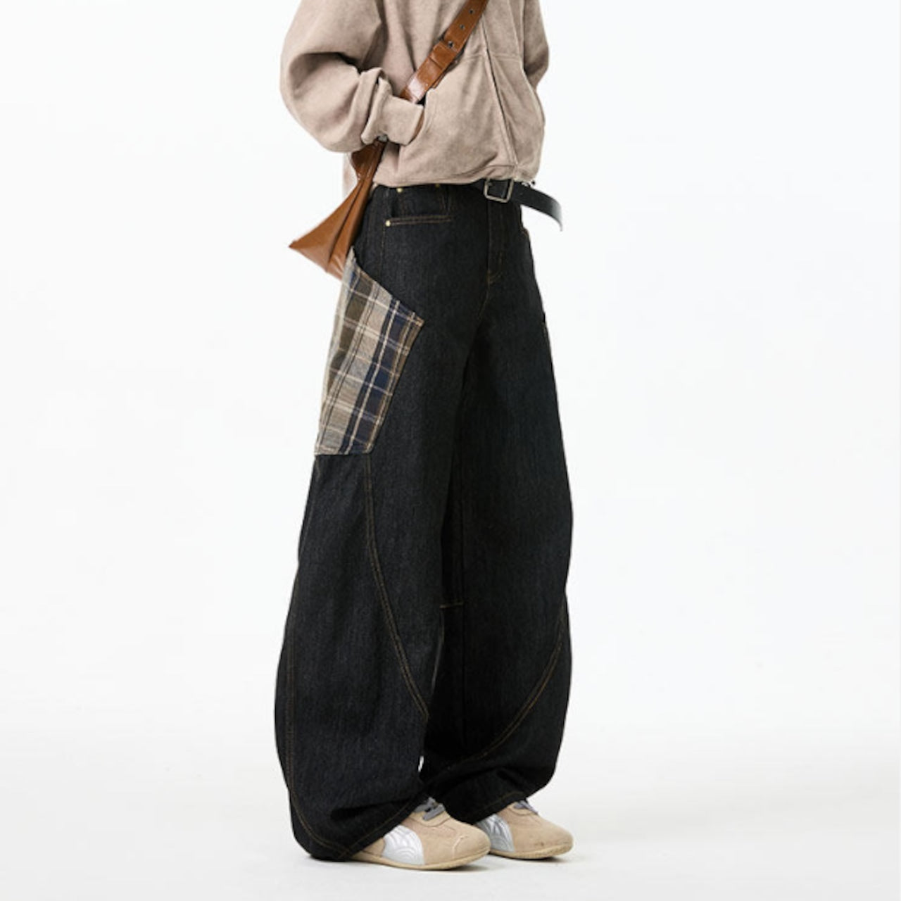 Plaid big pocket denim jeans D0188