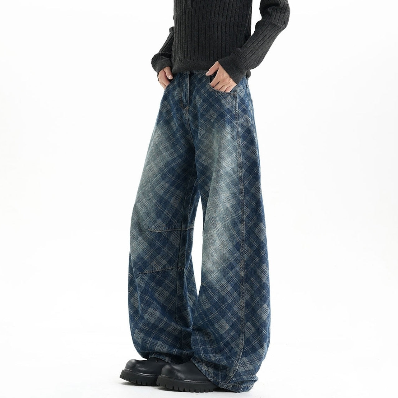 Plaid curved denim jeans D0187