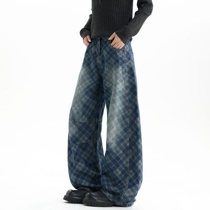 Plaid curved denim jeans D0187