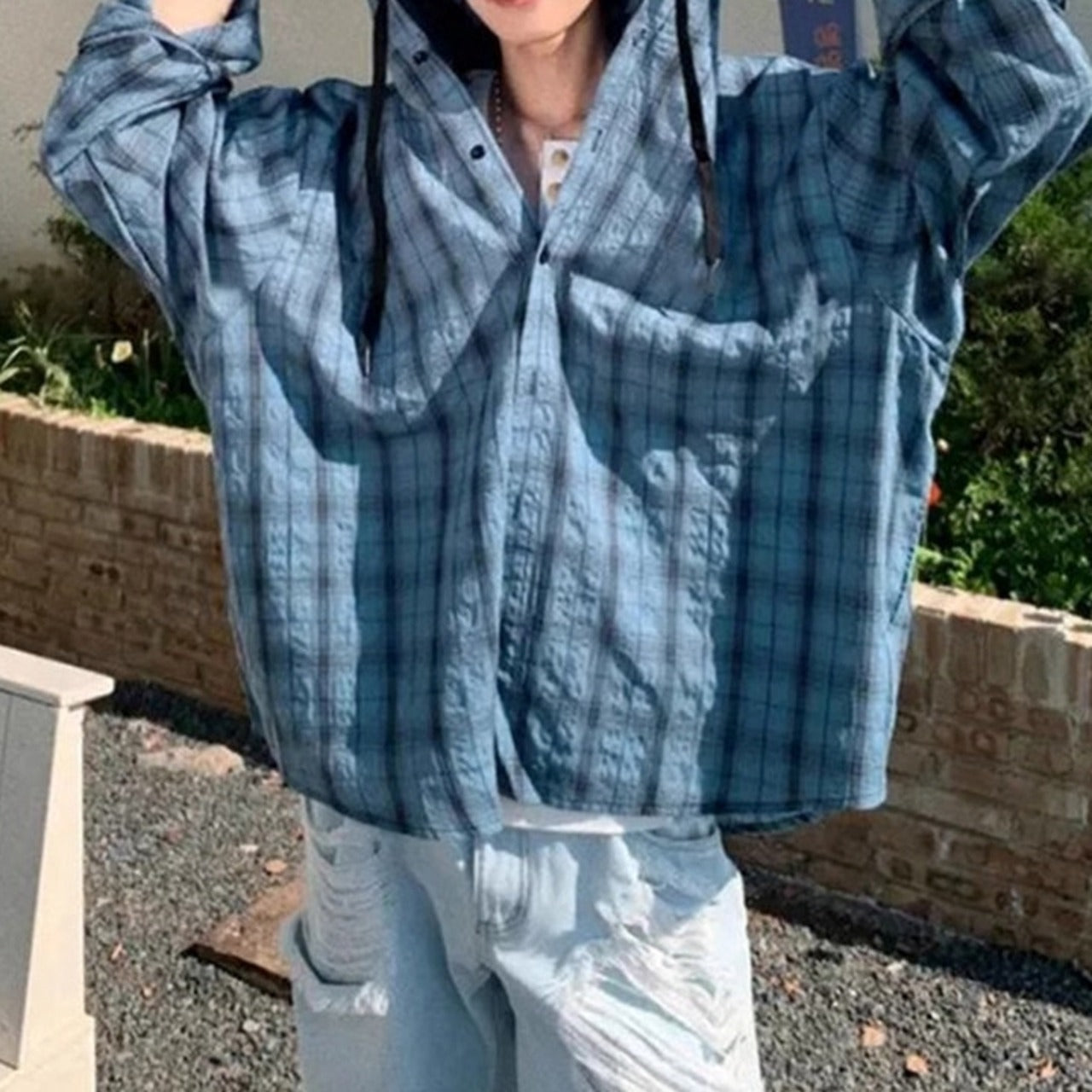 Hooded checked shirt D0199