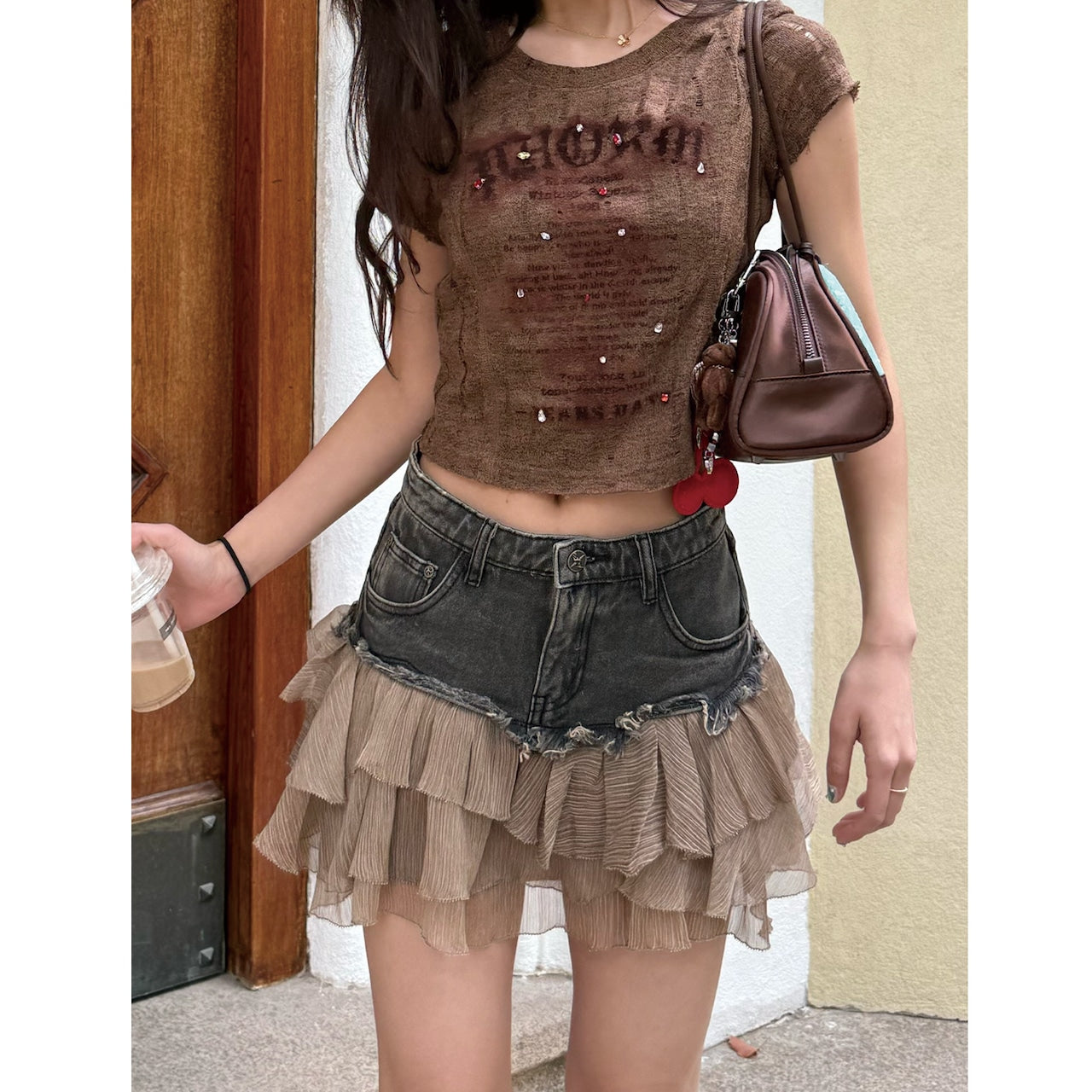 Chiffon ruffle denim mini skirt D0194