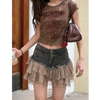 Chiffon ruffle denim mini skirt D0194