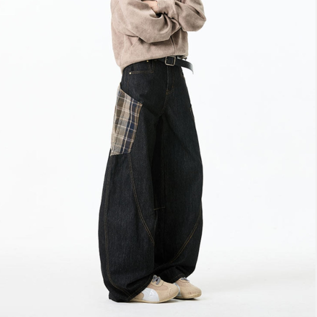 Plaid big pocket denim jeans D0188