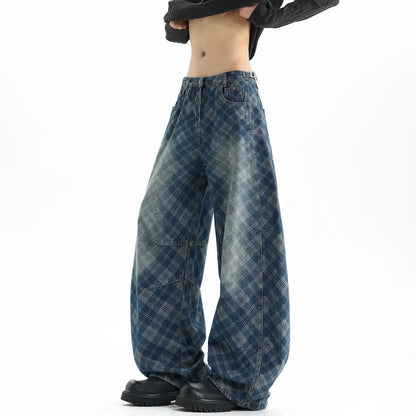Plaid curved denim jeans D0187