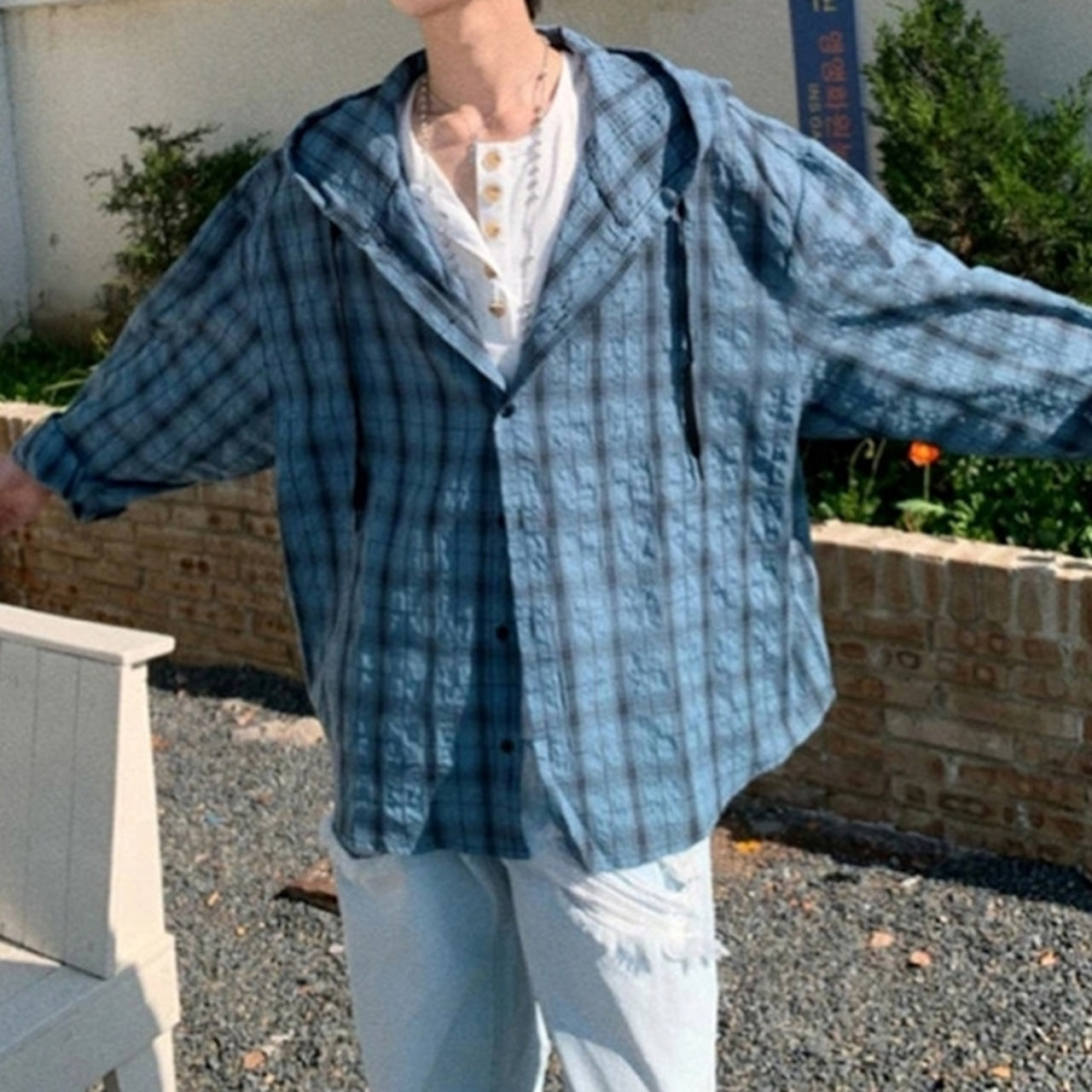 Hooded checked shirt D0199