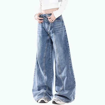 Asymmetric button wide denim jeans D0198