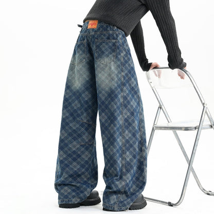 Plaid curved denim jeans D0187