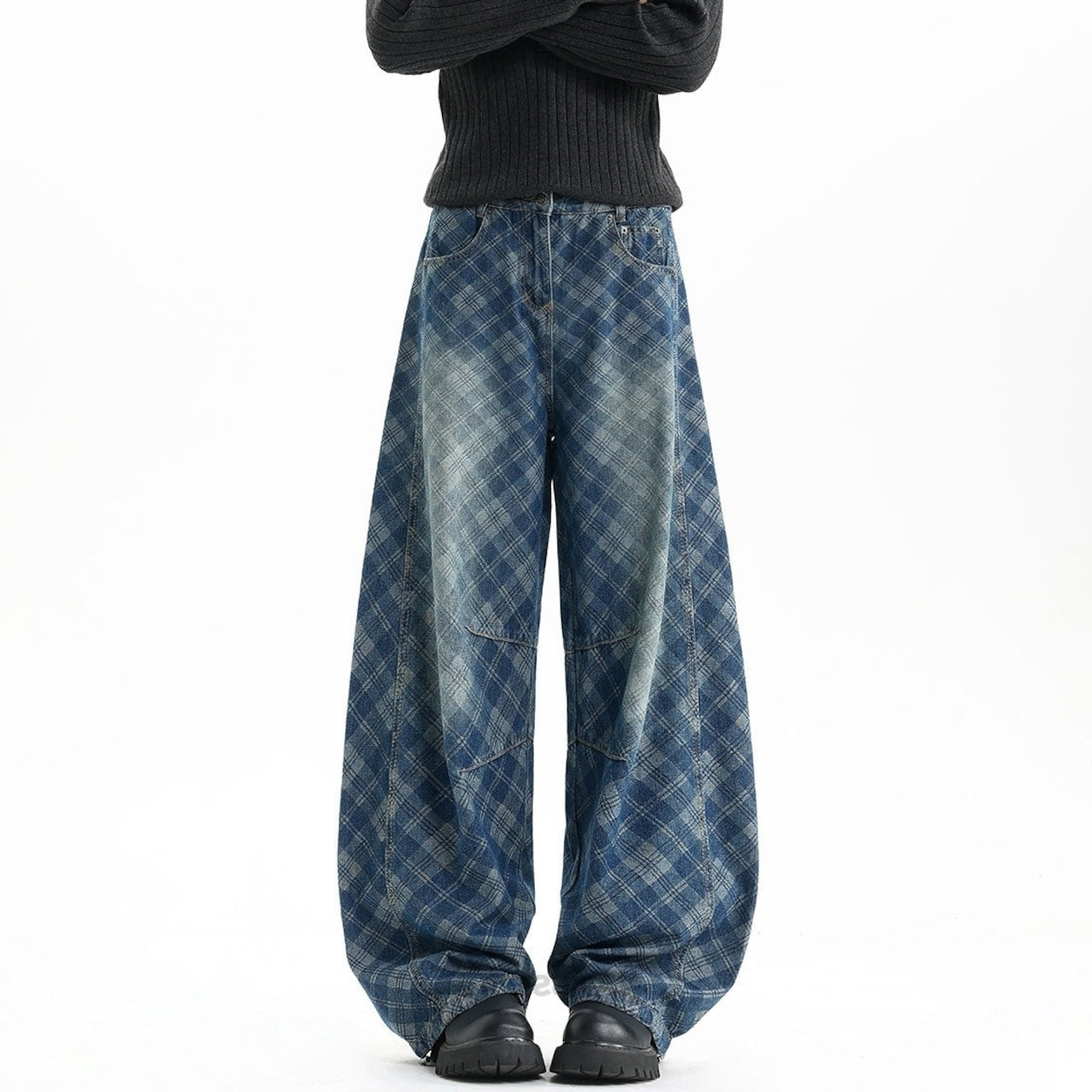 Plaid curved denim jeans D0187