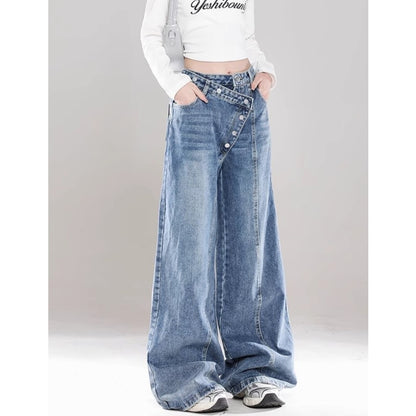 Asymmetric button wide denim jeans D0198
