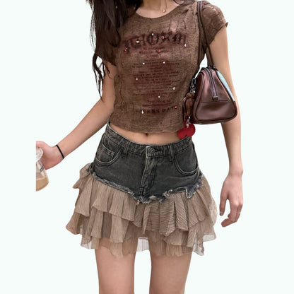 Chiffon ruffle denim mini skirt D0194