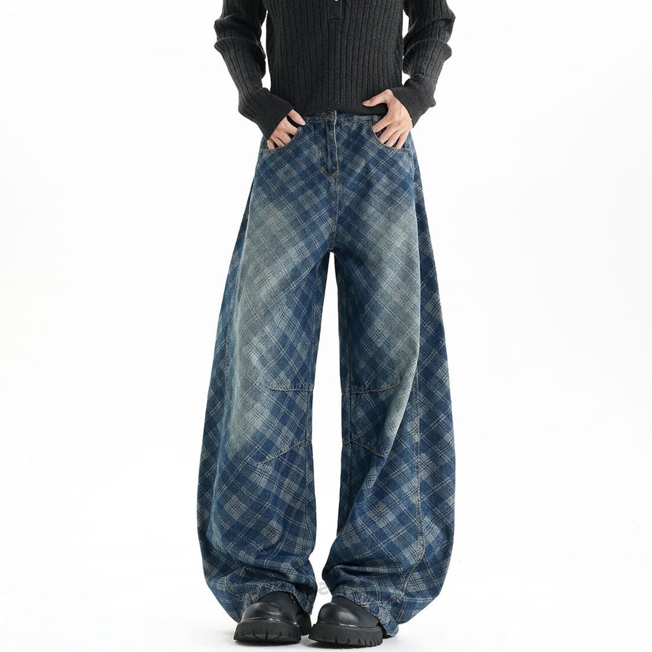 Plaid curved denim jeans D0187