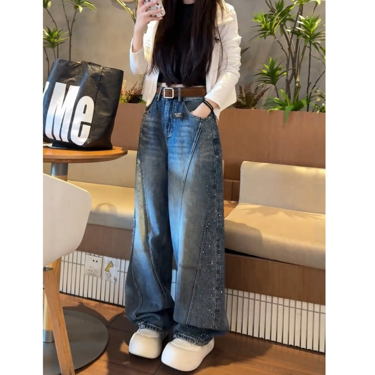 Wide leg rhinestone denim jeans D0184