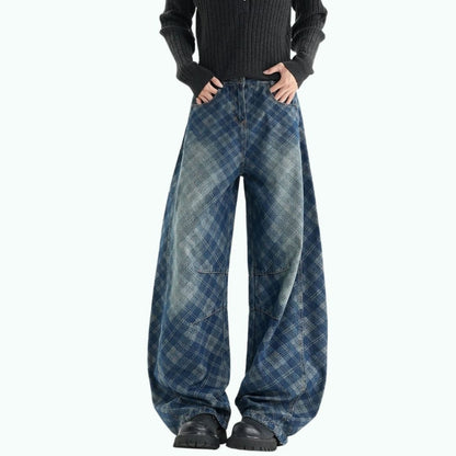 Plaid curved denim jeans D0187