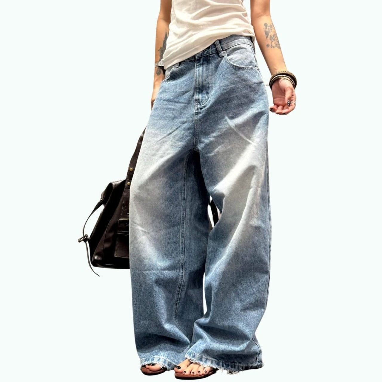 Wide leg washed denim jeans D0197