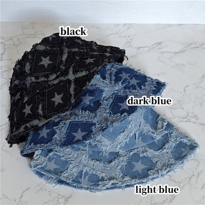 Star pattern denim bucket hat D0214