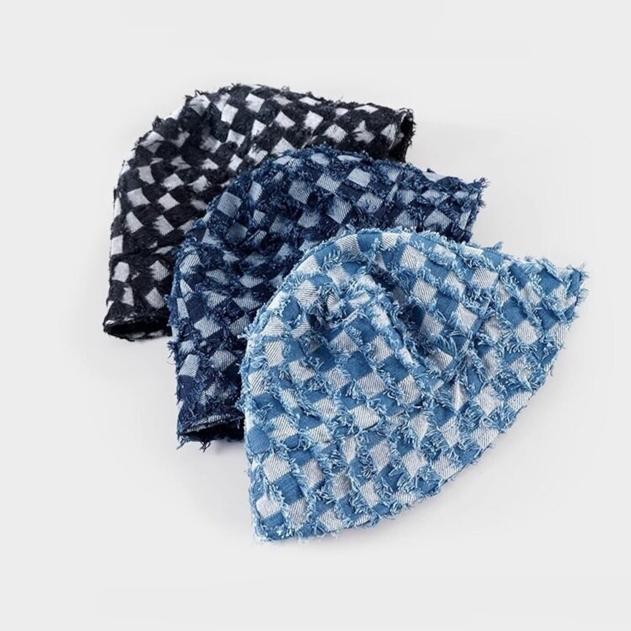 Block check denim bucket hat D0213