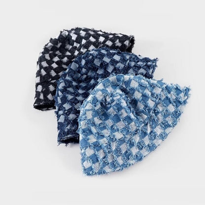 Block check denim bucket hat D0213