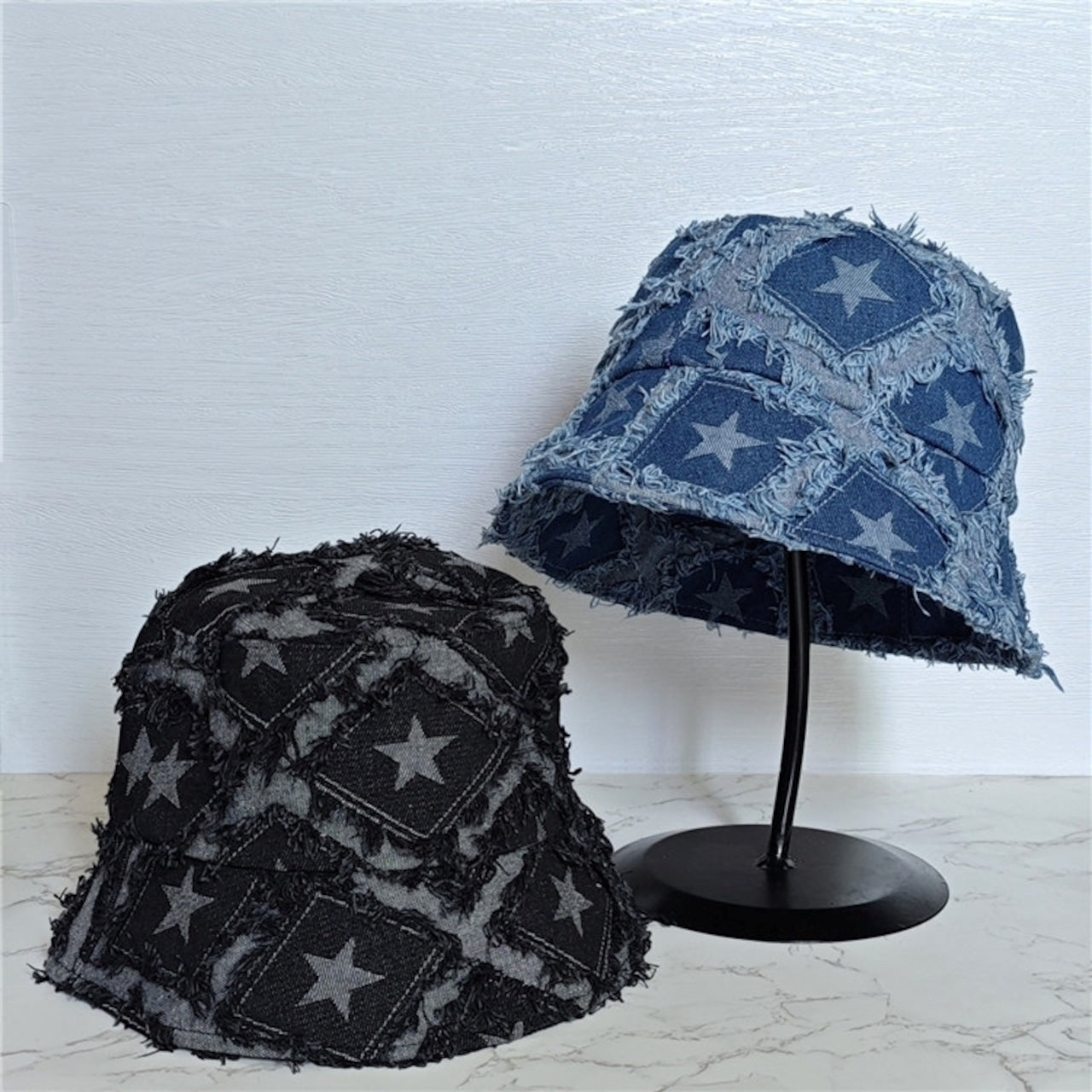 Star pattern denim bucket hat D0214
