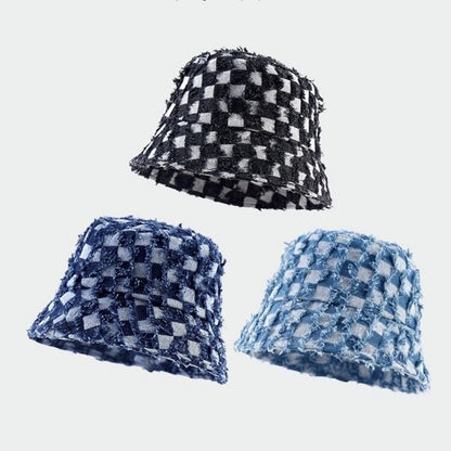 Block check denim bucket hat D0213