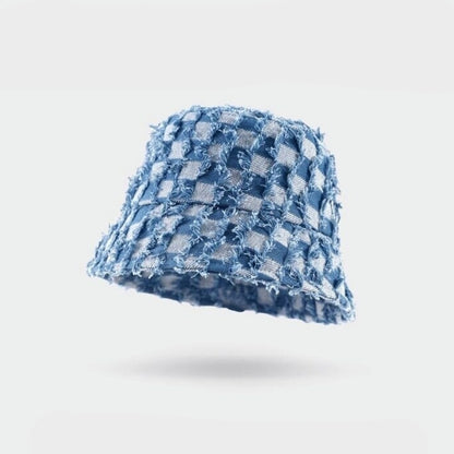 Block check denim bucket hat D0213