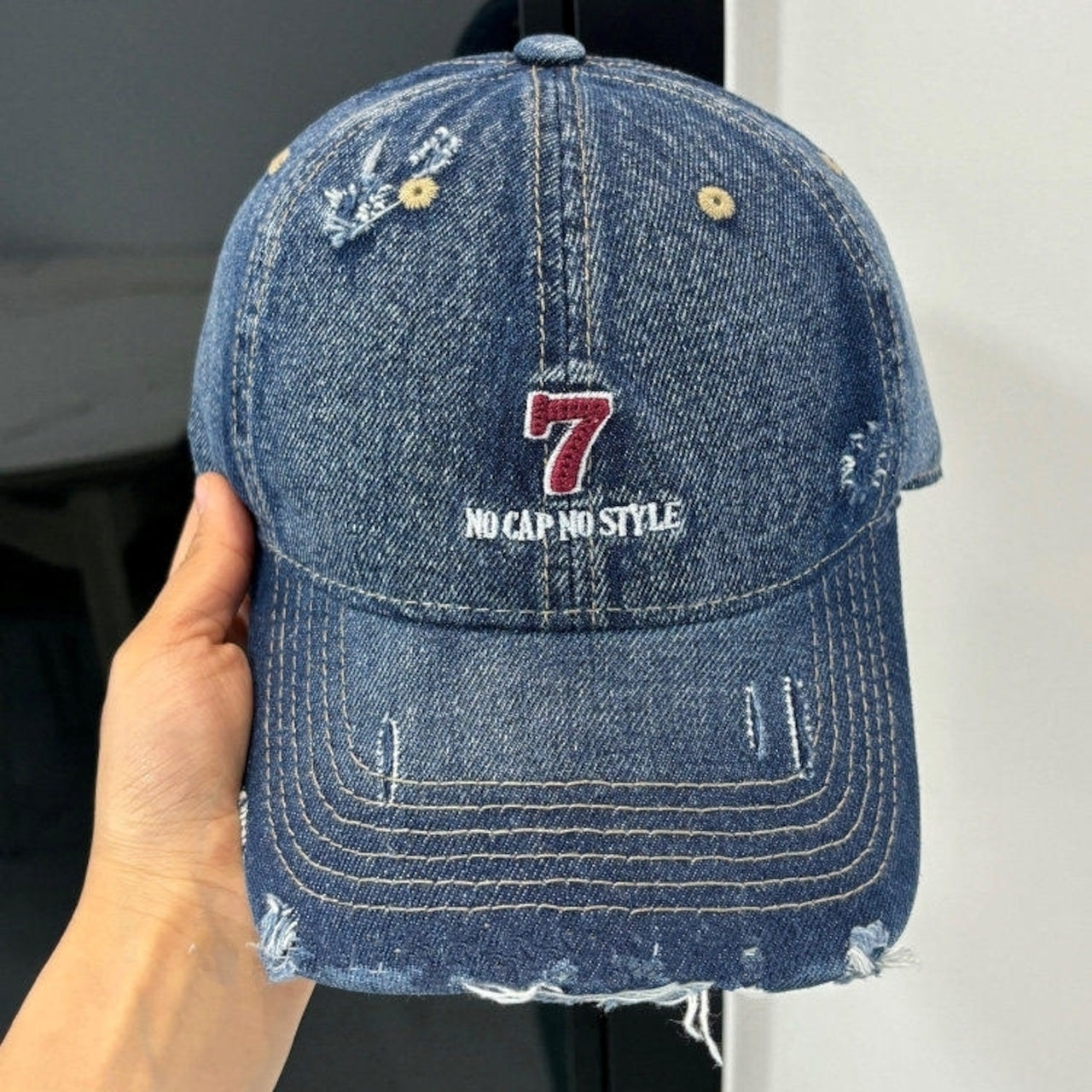Distressed denim embroidery cap D0212