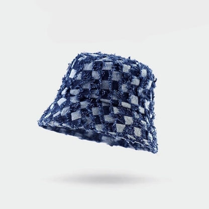 Block check denim bucket hat D0213