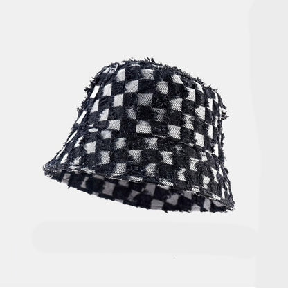 Block check denim bucket hat D0213