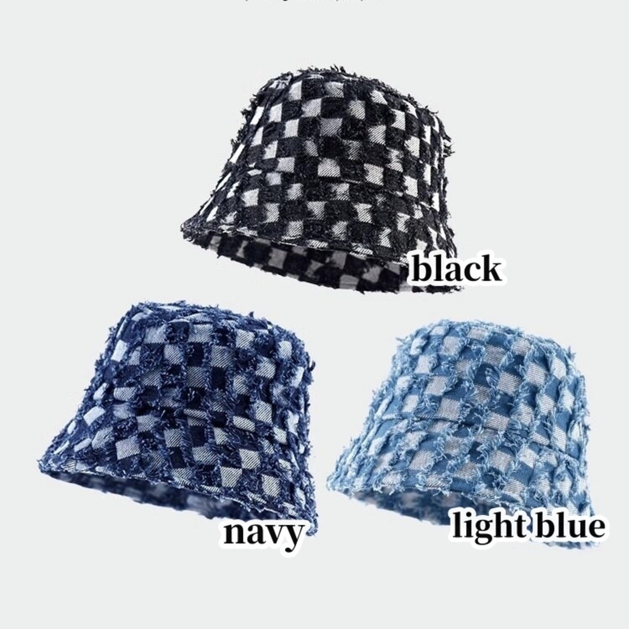 Block check denim bucket hat D0213