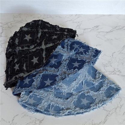 Star pattern denim bucket hat D0214