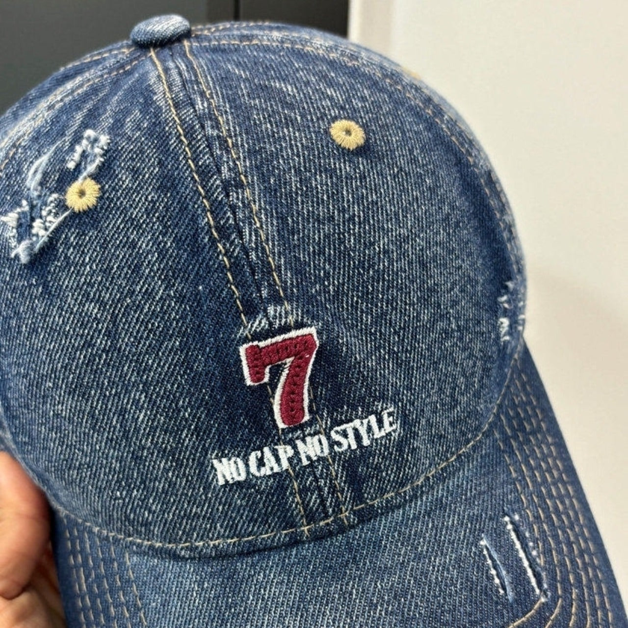 Distressed denim embroidery cap D0212