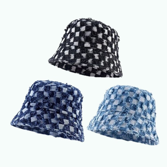 Block check denim bucket hat D0213
