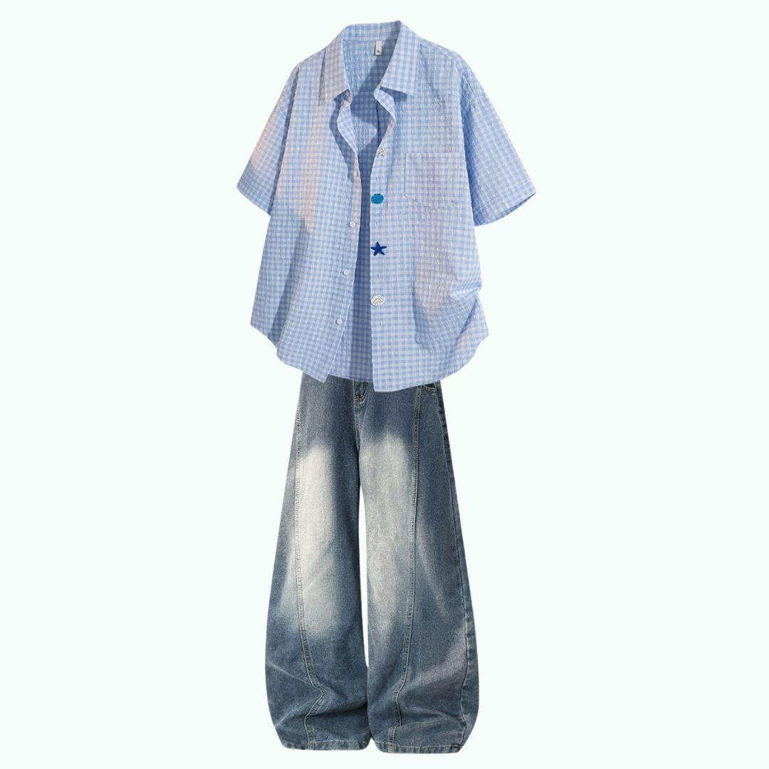 Gingham check shirt & denim pants D0218