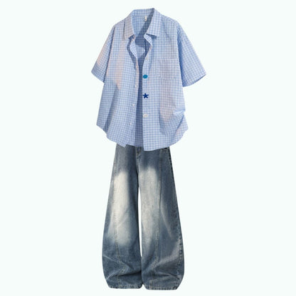 Gingham check shirt & denim pants D0218