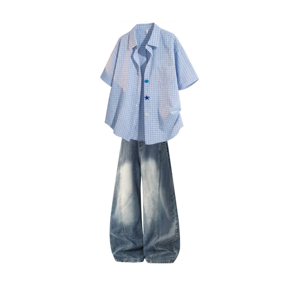 Gingham check shirt & denim pants D0218