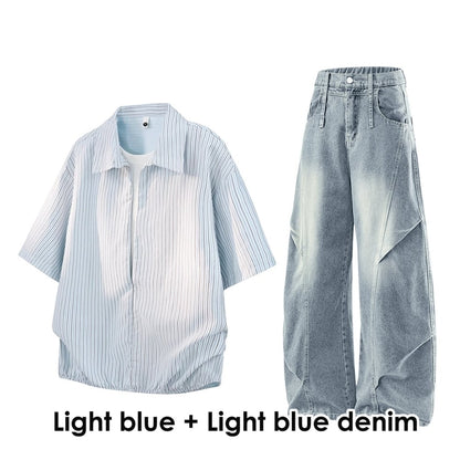 Striped short-sleeve shirt & denim pants D0219