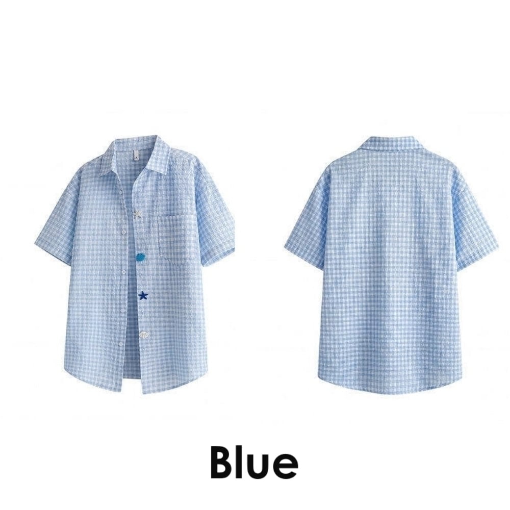 Gingham check shirt & denim pants D0218