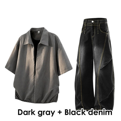 Striped short-sleeve shirt & denim pants D0219