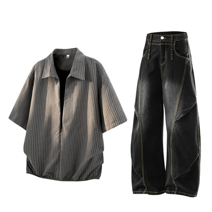 Striped short-sleeve shirt & denim pants D0219