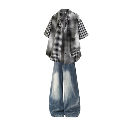 Gingham check shirt & denim pants D0218