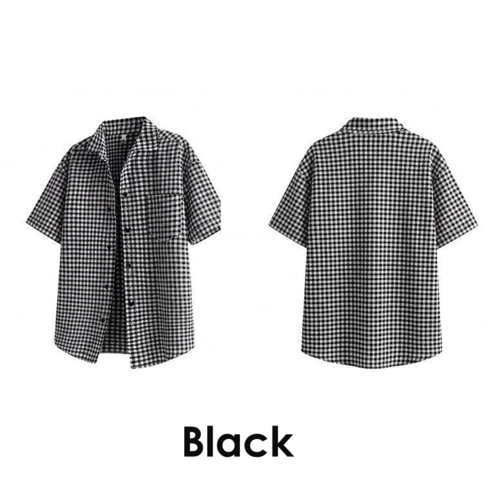 Gingham check shirt & denim pants D0218