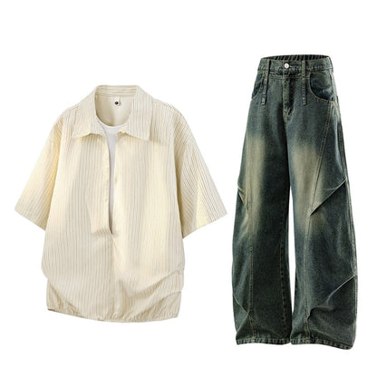 Striped short-sleeve shirt & denim pants D0219