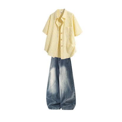 Gingham check shirt & denim pants D0218