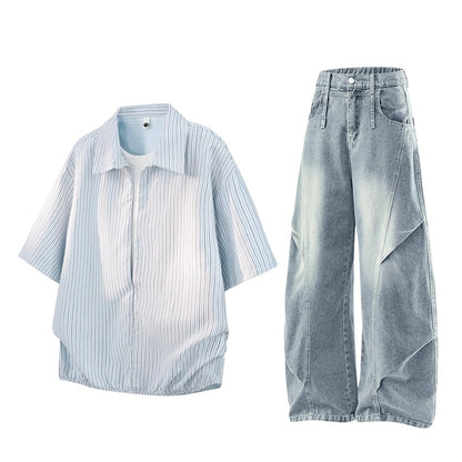 Striped short-sleeve shirt & denim pants D0219