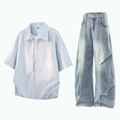 Striped short-sleeve shirt & denim pants D0219