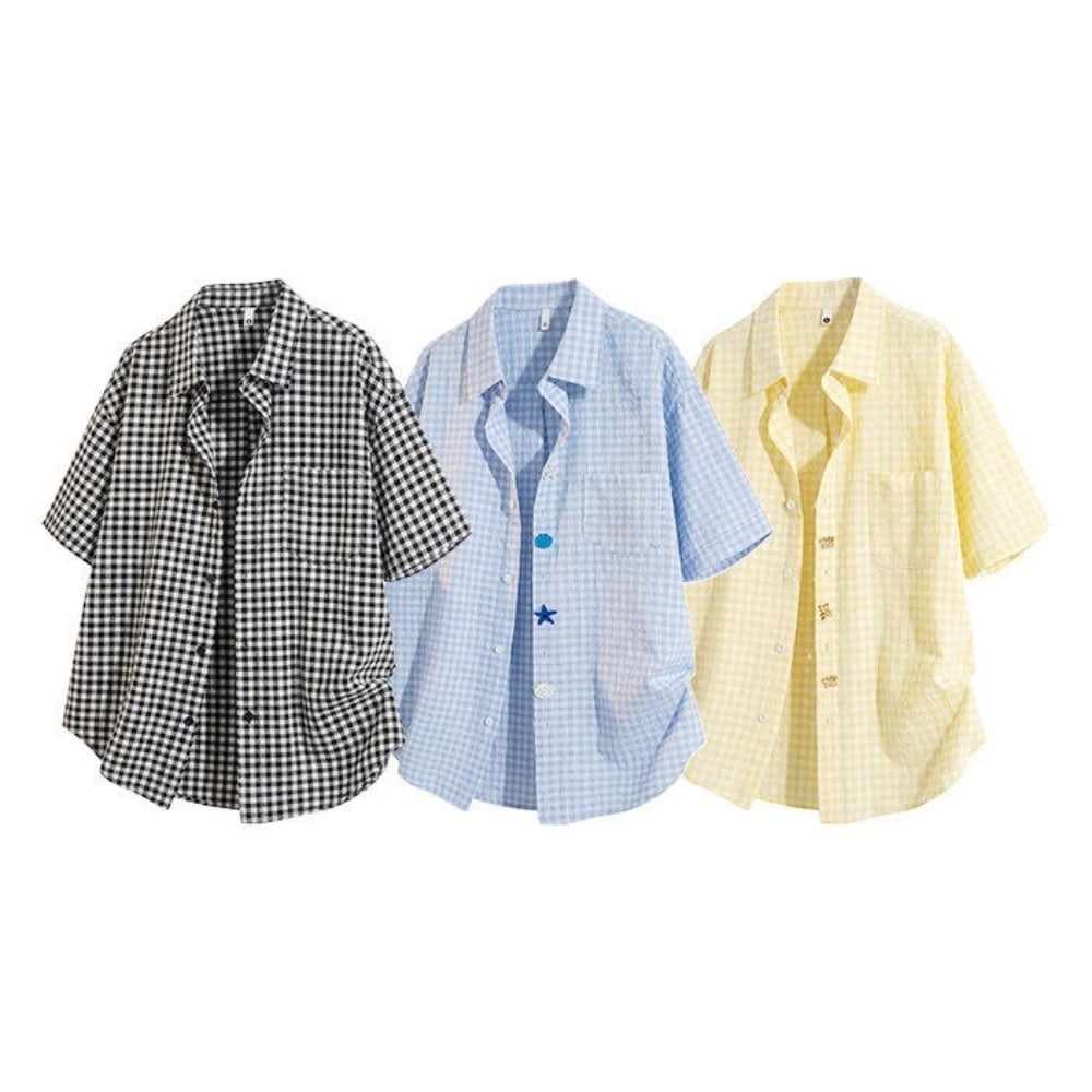 Gingham check shirt & denim pants D0218